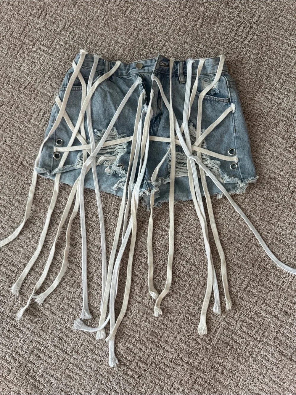 Distressed Light Blue Denim Shoe Lace Grommet Fringe Shorts